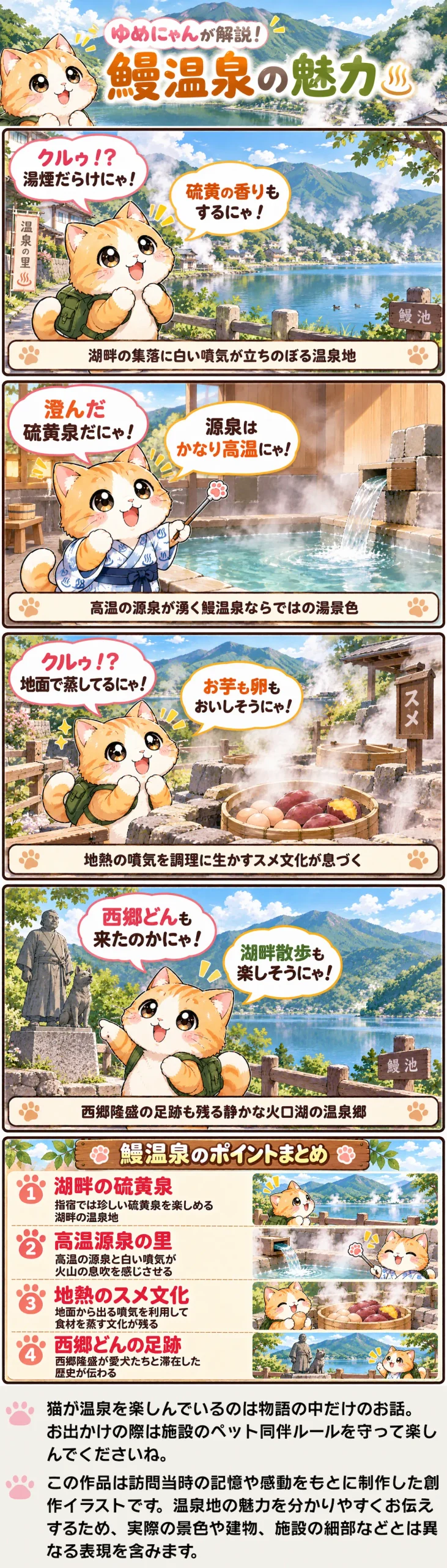 鰻温泉の魅力を詰め込んだ4コマ漫画。硫黄泉やスメ、西郷隆盛ゆかりの湖畔を紹介。