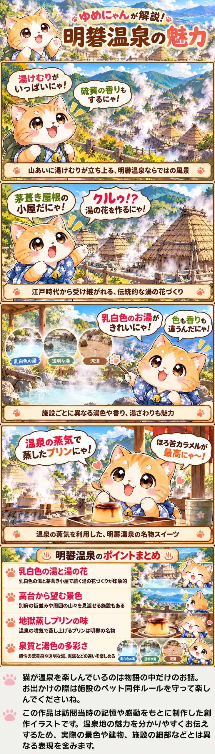 明礬温泉の魅力を詰め込んだ4コマ漫画。湯けむり、湯の花小屋、乳白色の湯、地獄蒸しプリンを紹介。
