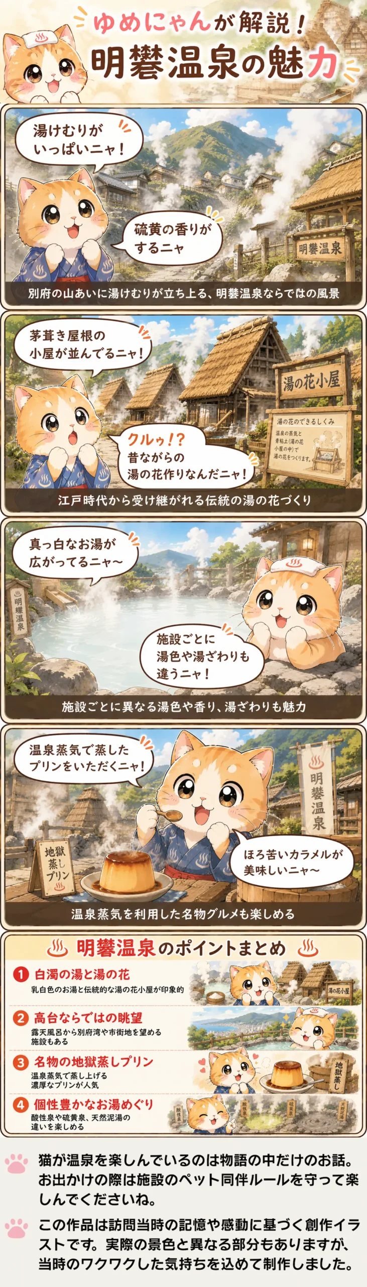 明礬温泉の魅力を詰め込んだ4コマ漫画。湯けむり、湯の花小屋、白濁の湯、プリンをゆめにゃんが巡る内容。