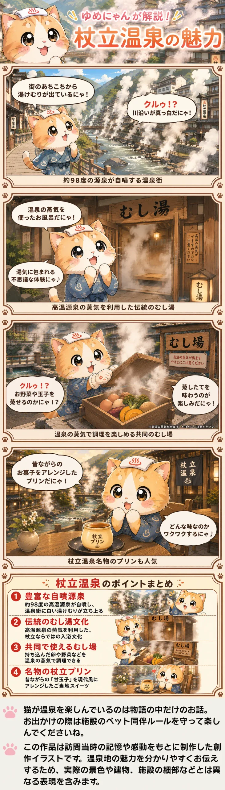 杖立温泉の魅力を詰め込んだ4コマ漫画。湯けむりやむし湯、蒸し調理、プリンを紹介するゆめにゃん。