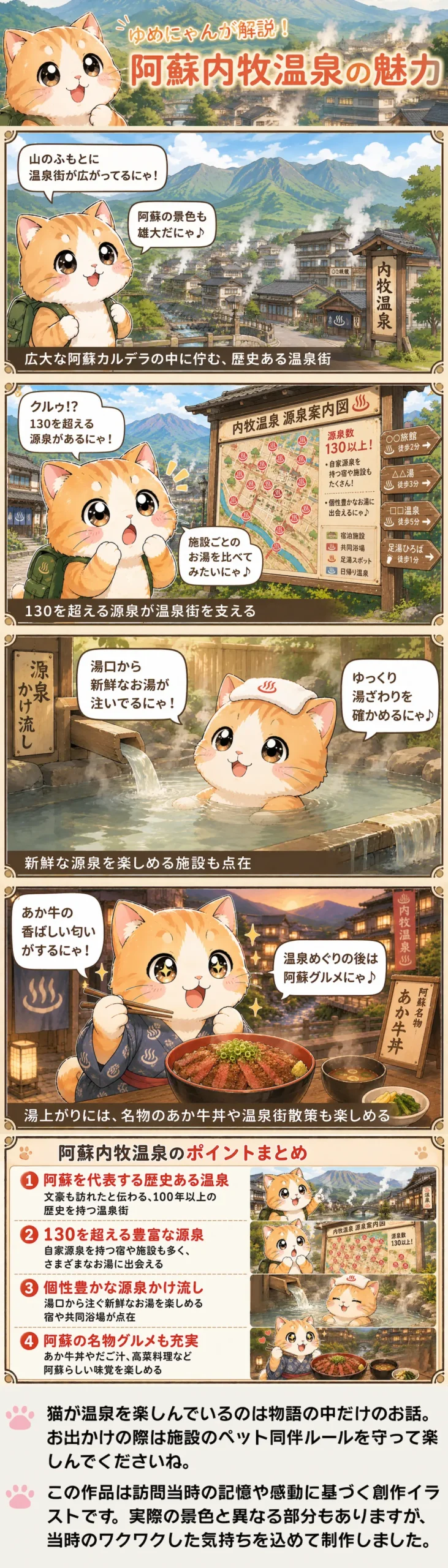 阿蘇内牧温泉の魅力を詰め込んだ4コマ漫画。130を超える源泉やかけ流しの湯、あか牛丼を猫のゆめにゃんが紹介。