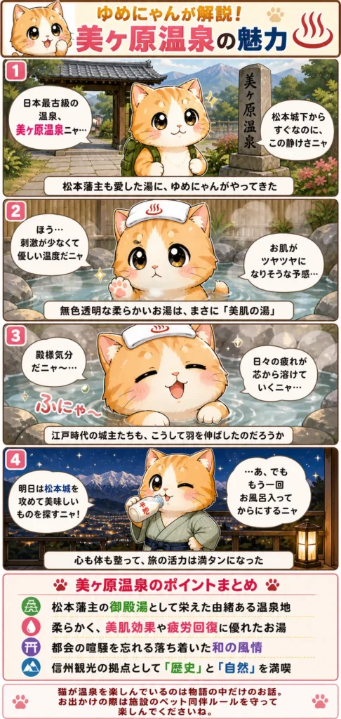 美ヶ原温泉の魅力を詰め込んだ4コマ漫画。