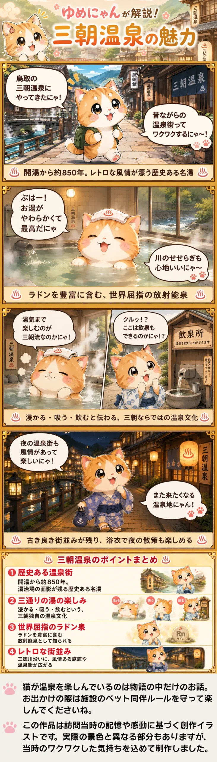 三朝温泉の魅力を詰め込んだ4コマ漫画。浸かる・飲む・吸う体験や風情ある温泉街を猫のゆめにゃんが紹介。