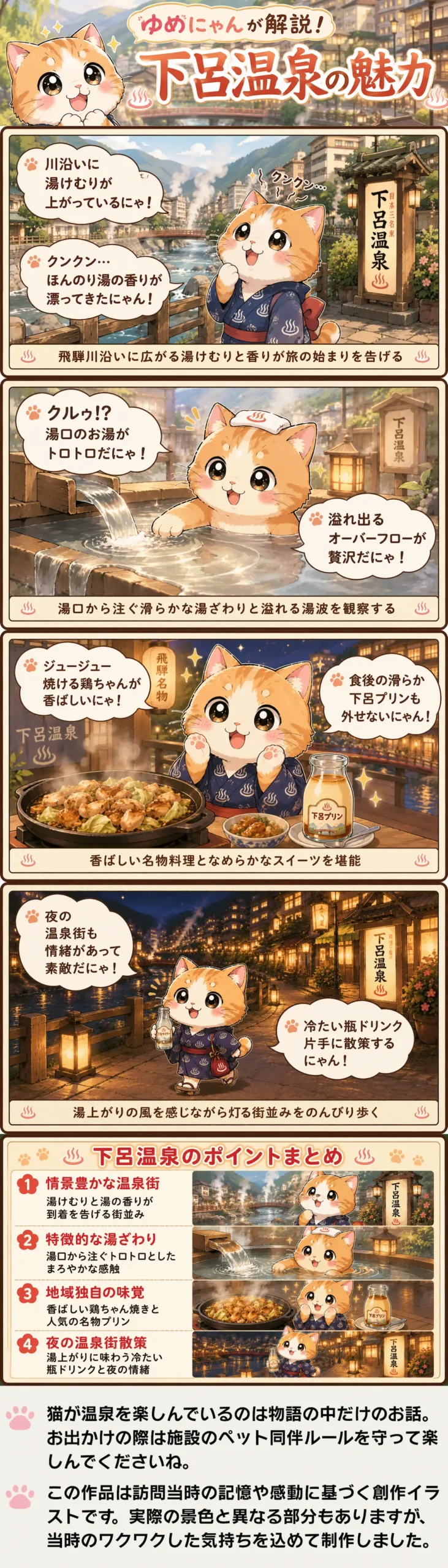 下呂温泉の魅力を詰め込んだ4コマ漫画。猫のゆめにゃんが湯ざわりやご当地グルメ、夜の散策を紹介する。