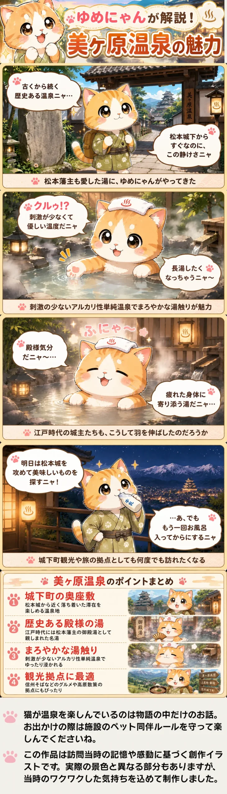美ヶ原温泉の魅力を詰め込んだ4コマ漫画。猫のゆめにゃんが歴史や湯触り、アクセスの良さを解説。