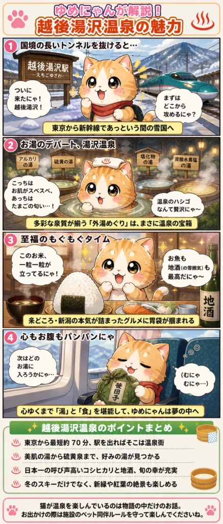 越後湯沢温泉の魅力を詰め込んだ4コマ漫画。