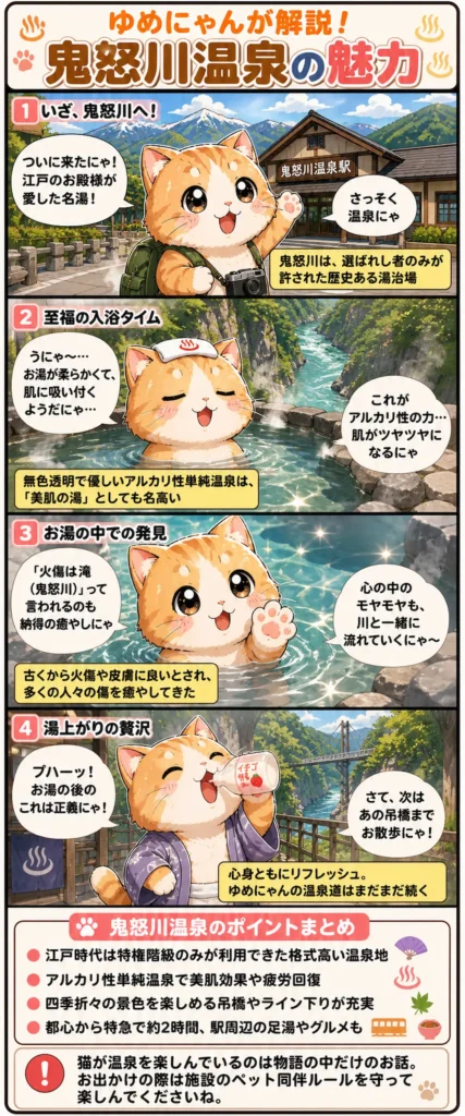 鬼怒川温泉の魅力を詰め込んだ4コマ漫画。