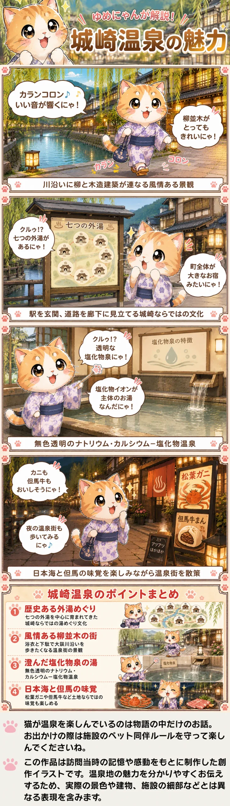 城崎温泉の魅力を詰め込んだ4コマ漫画。浴衣での外湯めぐりや風情ある街並み、豊かな味覚を紹介。