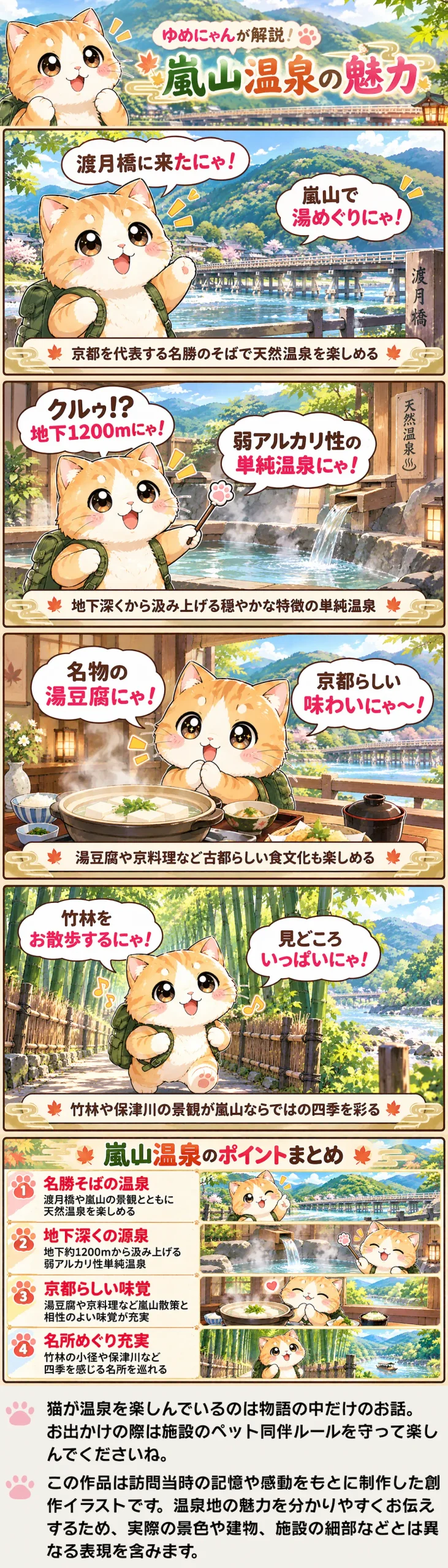 嵐山温泉の魅力を詰め込んだ4コマ漫画。渡月橋、天然温泉、湯豆腐、竹林をゆめにゃんが紹介。