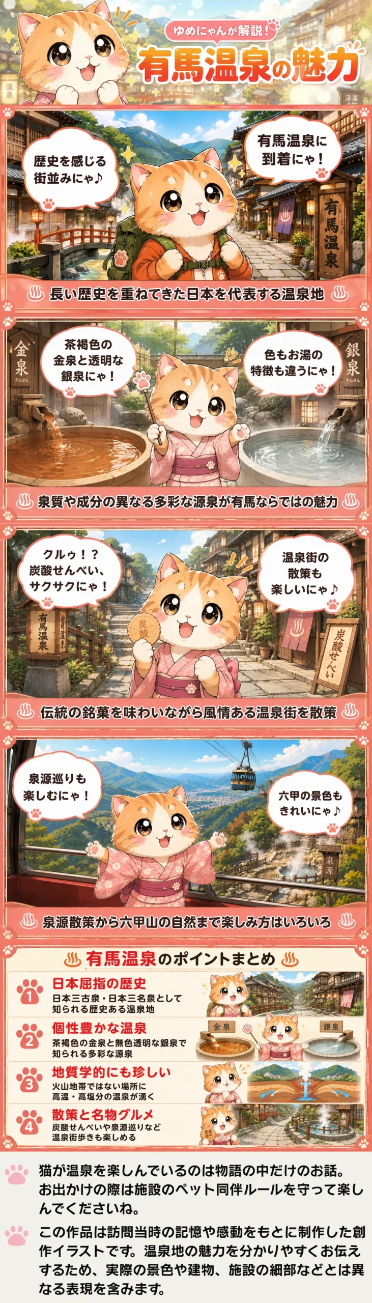 有馬温泉の魅力を詰め込んだ4コマ漫画。金泉・銀泉の違いや炭酸せんべい、散策をゆめにゃんが紹介。