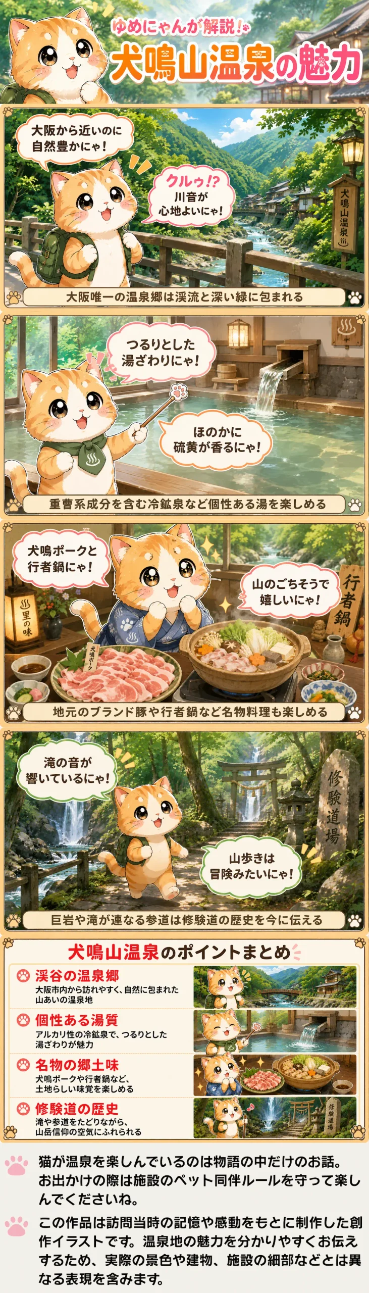 犬鳴山温泉の魅力を詰め込んだ4コマ漫画。渓谷の温泉、名物料理、修験道散策を紹介