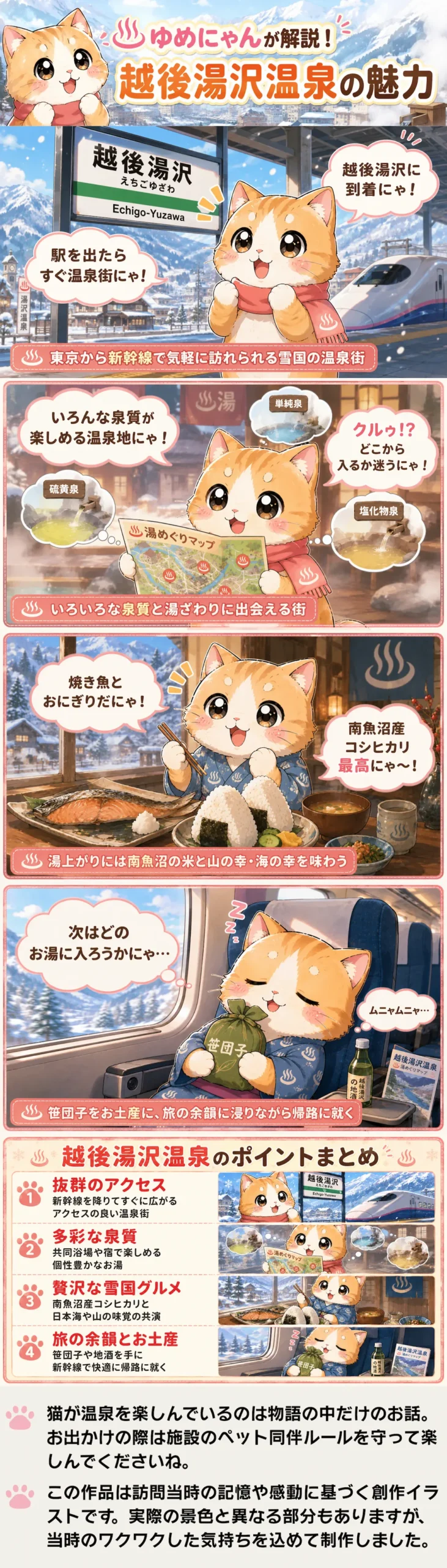 越後湯沢温泉の魅力を詰め込んだ4コマ漫画。猫のゆめにゃんが新幹線で訪れ泉質巡りとグルメを楽しむ物語。