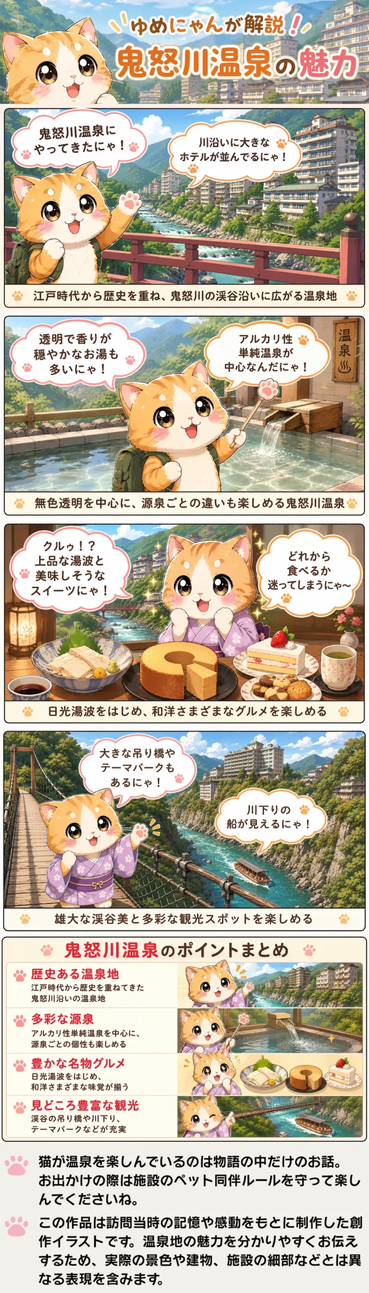 鬼怒川温泉の魅力を詰め込んだ4コマ漫画。ゆめにゃんが歴史、泉質、グルメ、観光を解説。