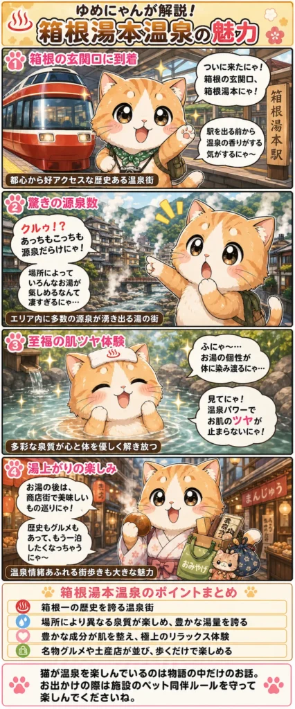 箱根温泉の魅力を詰め込んだ4コマ漫画。