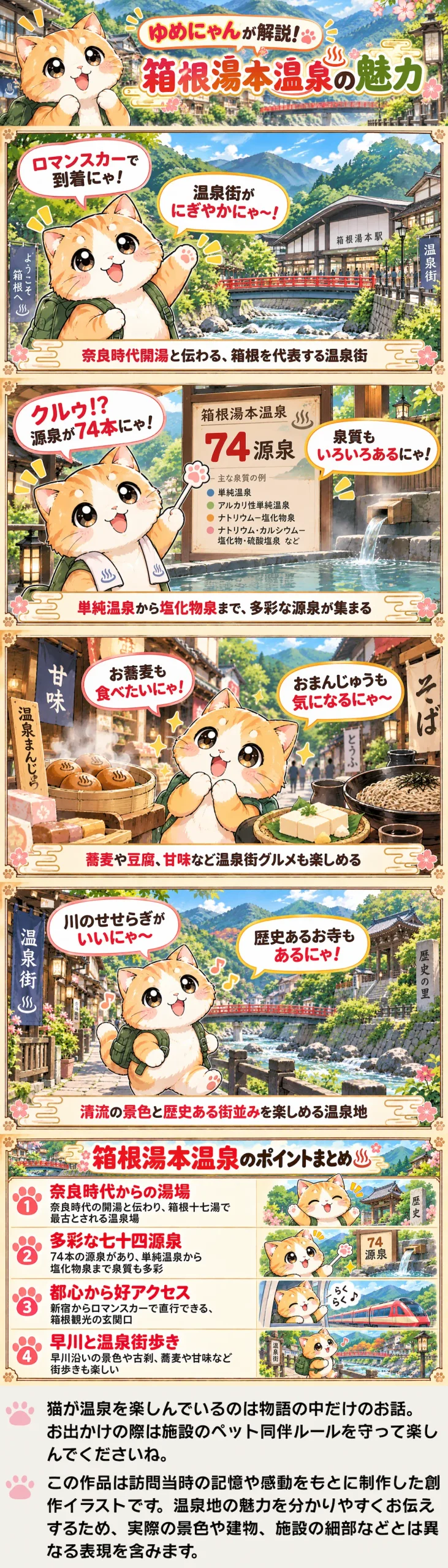 箱根湯本温泉の魅力を詰め込んだ4コマ漫画。74源泉やグルメ、早川沿いの街歩きを紹介。