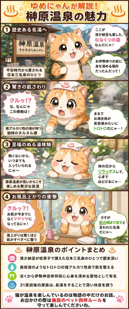 榊原温泉の魅力を詰め込んだ4コマ漫画。