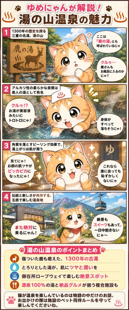 湯の山温泉の魅力を詰め込んだ4コマ漫画。
