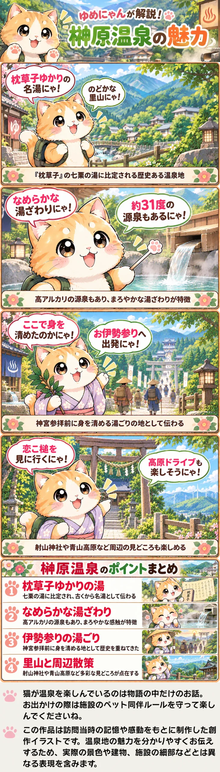 榊原温泉の魅力を詰め込んだ4コマ漫画。名湯の歴史や源泉、湯ごり文化、周辺観光を紹介。