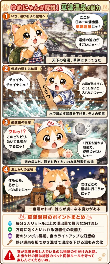 草津温泉の魅力を詰め込んだ4コマ漫画。