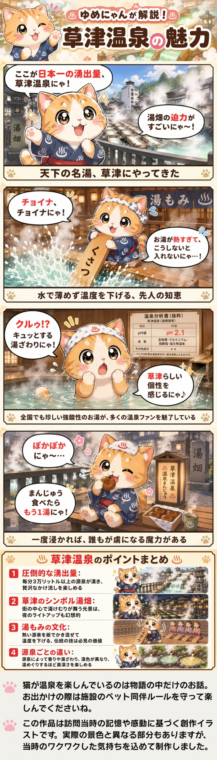 草津温泉の魅力を詰め込んだ4コマ漫画。猫のゆめにゃんが湯畑や湯もみ、強酸性の湯とまんじゅうを体験。