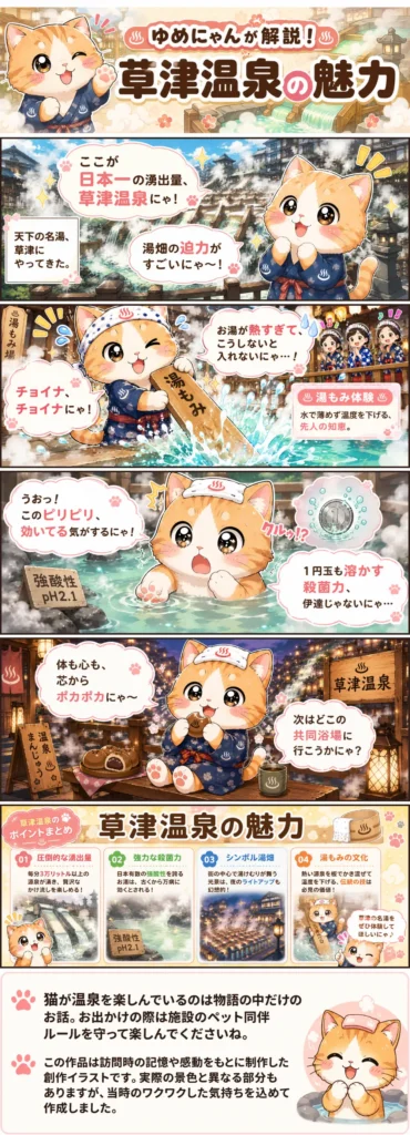 草津温泉の魅力を詰め込んだ4コマ漫画。