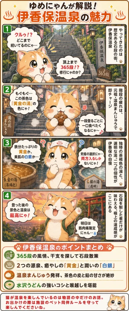 伊香保温泉の魅力を詰め込んだ4コマ漫画。