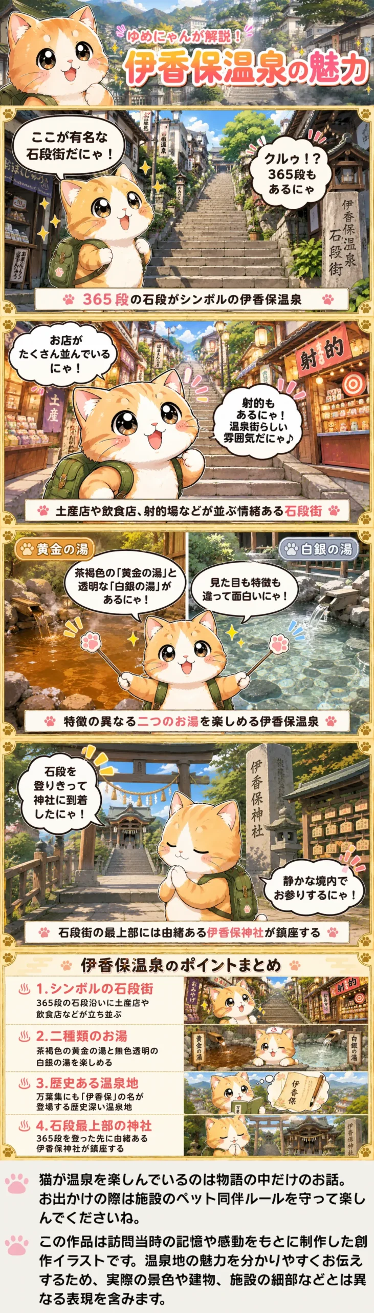 伊香保温泉の魅力を詰め込んだ4コマ漫画。ゆめにゃんが石段街や二種類のお湯、伊香保神社を巡り紹介します。