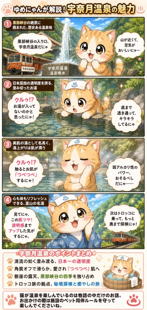 宇奈月温泉の魅力を詰め込んだ4コマ漫画。