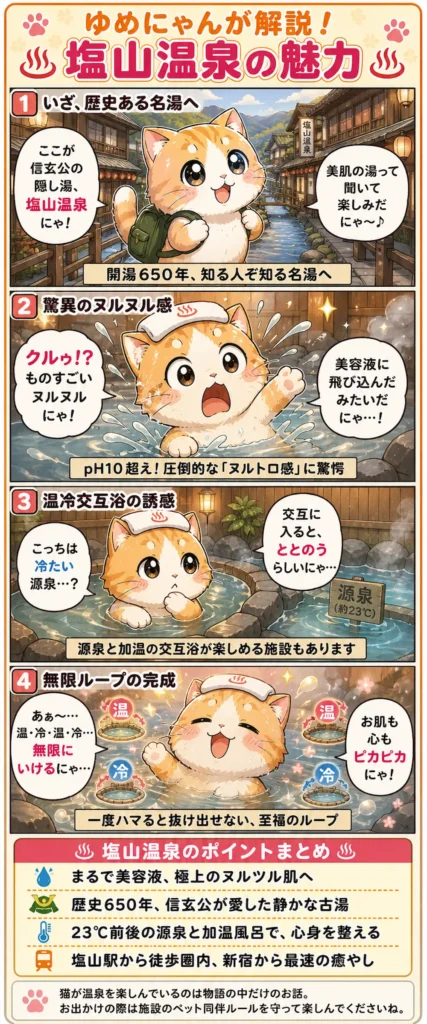 塩山温泉の魅力を詰め込んだ4コマ漫画。