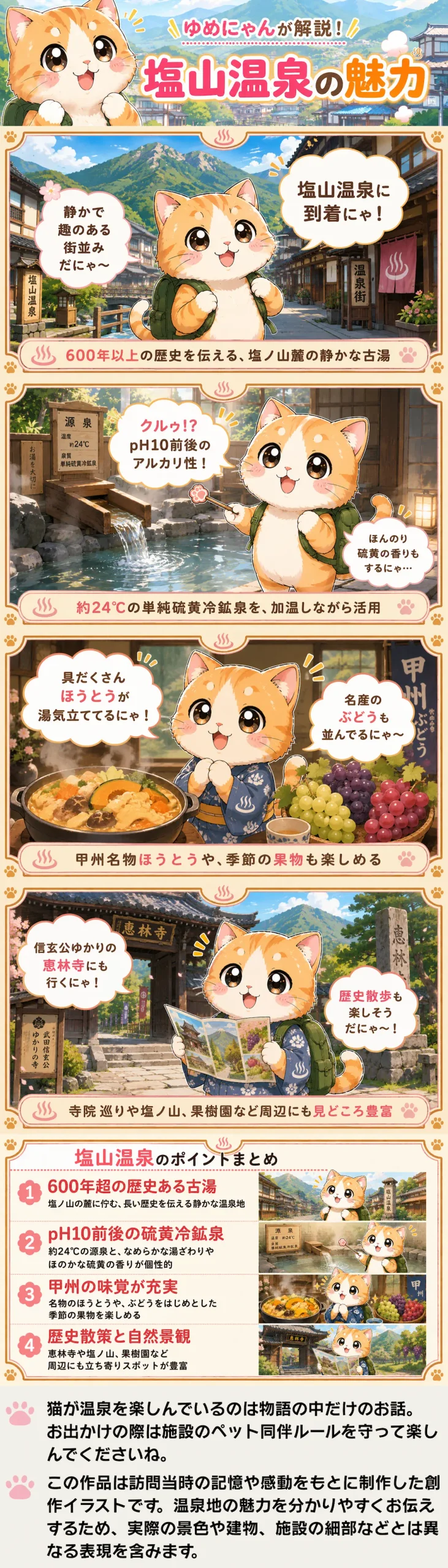 塩山温泉の魅力を詰め込んだ4コマ漫画。ゆめにゃんが硫黄冷鉱泉や名物グルメ、歴史スポットを紹介。