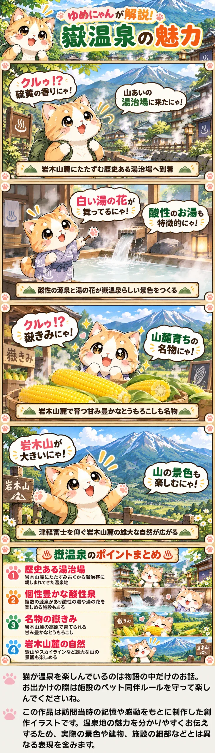 嶽温泉の魅力を詰め込んだ4コマ漫画。酸性の湯、嶽きみ、岩木山麓の自然を紹介。
