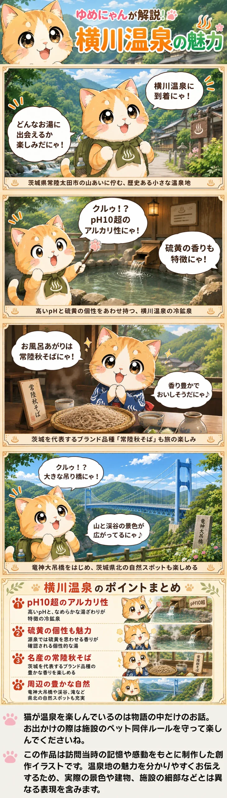 横川温泉の魅力を詰め込んだ4コマ漫画。ゆめにゃんがpH10超の湯や常陸秋そば、竜神大吊橋を紹介。