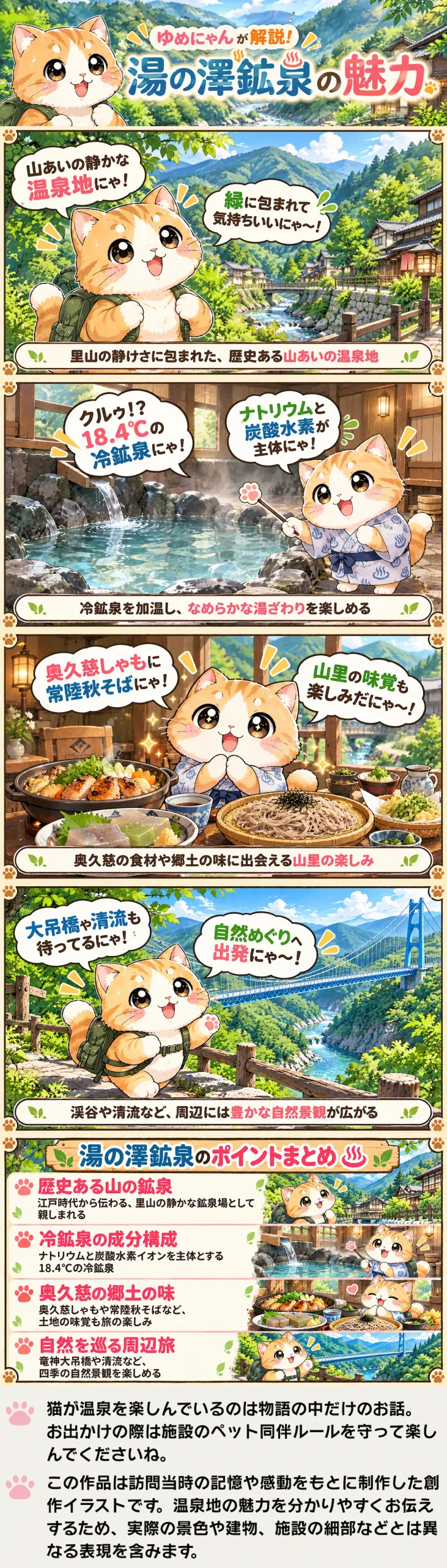 湯の澤鉱泉の魅力を詰め込んだ4コマ漫画。冷鉱泉や奥久慈の味覚、周辺の自然を紹介。