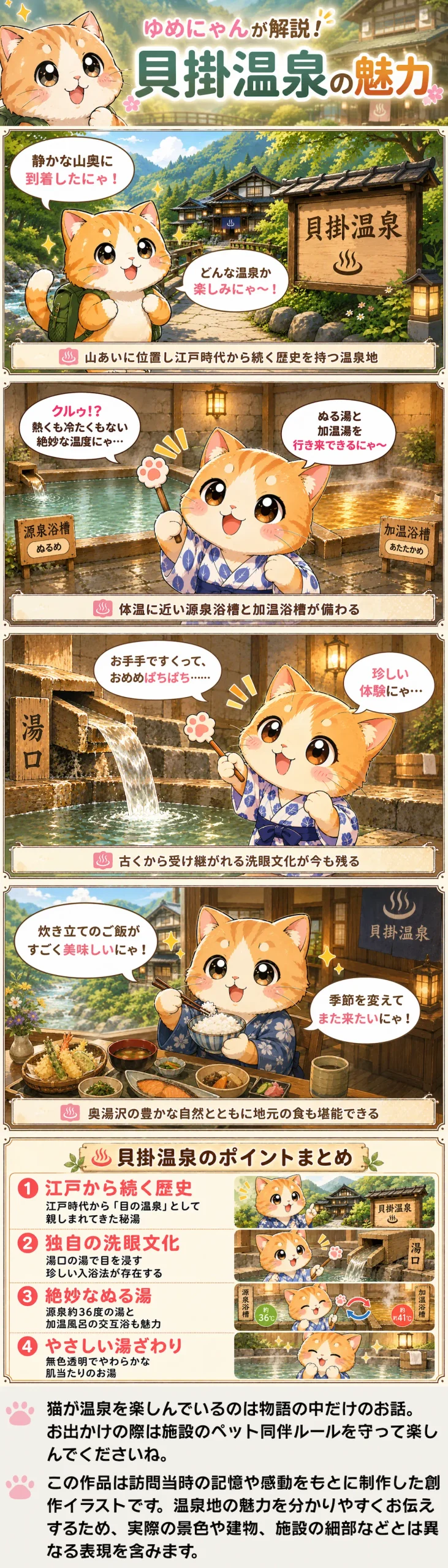貝掛温泉の魅力を詰め込んだ4コマ漫画。歴史ある秘湯で絶妙なぬる湯や珍しい洗眼体験を楽しむ姿