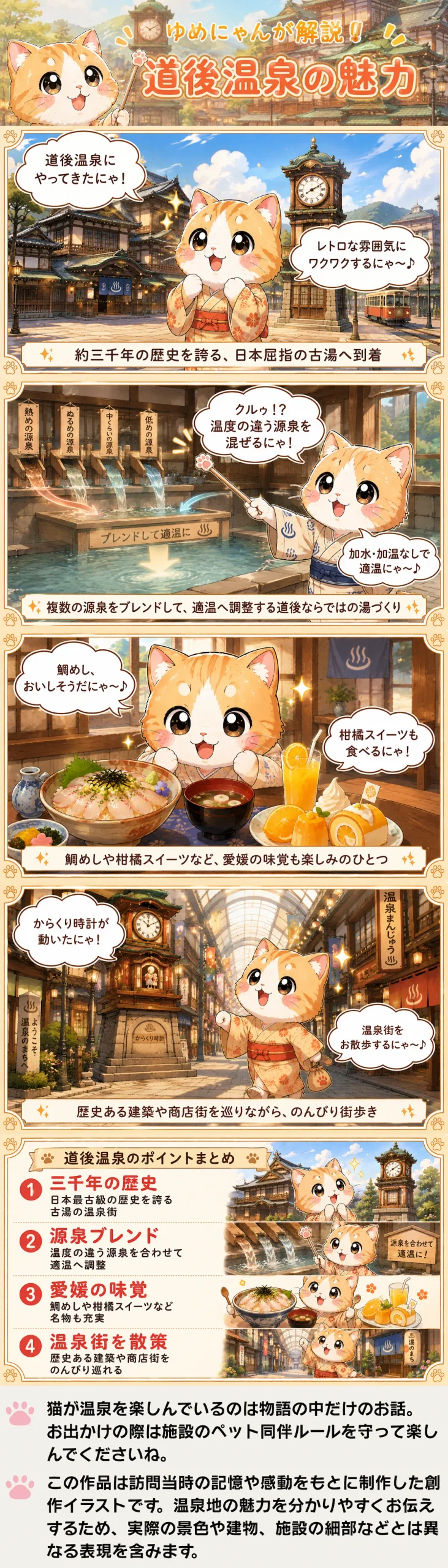 道後温泉の魅力を詰め込んだ4コマ漫画。猫のゆめにゃんが歴史や源泉ブレンドの秘密、グルメや街歩きを紹介。