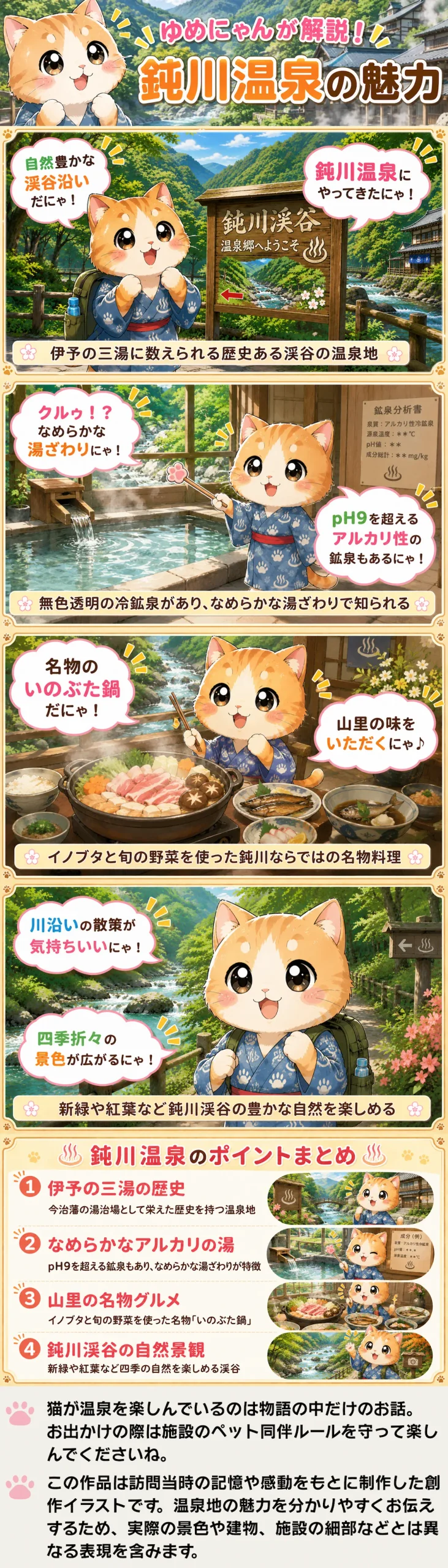 鈍川温泉の魅力を詰め込んだ4コマ漫画。歴史ある名湯やお湯の特徴、猪豚鍋、渓谷散策を楽しむゆめにゃん。