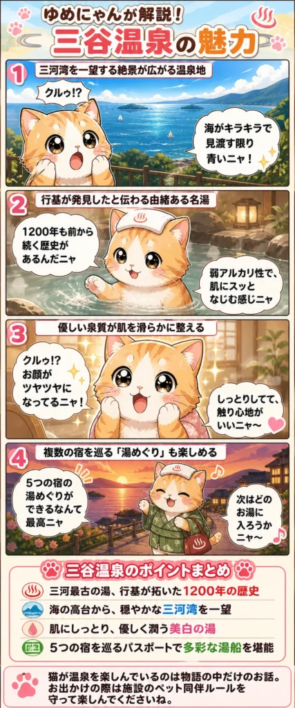 三谷温泉の魅力を詰め込んだ4コマ漫画。