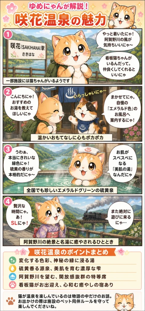 咲花温泉の魅力を詰め込んだ4コマ漫画。