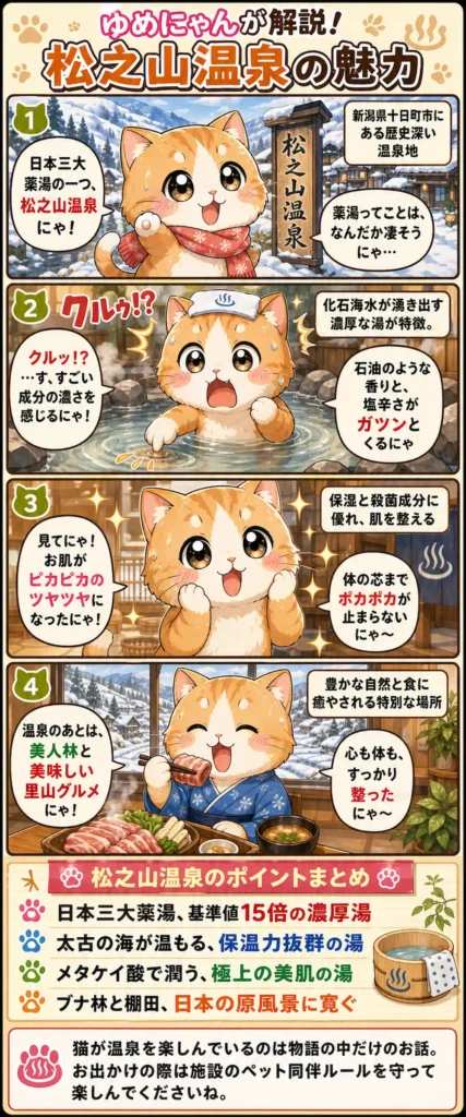 松之山温泉の魅力を詰め込んだ4コマ漫画。