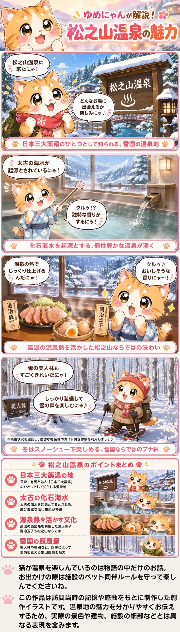 松之山温泉の魅力を詰め込んだ4コマ漫画。雪景色の温泉街、化石海水、源泉熱グルメ、美人林を紹介。