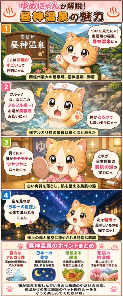 昼神温泉の魅力を詰め込んだ4コマ漫画。