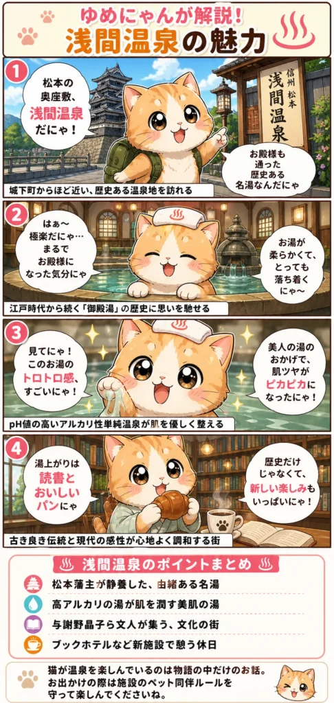 浅間温泉の魅力を詰め込んだ4コマ漫画。