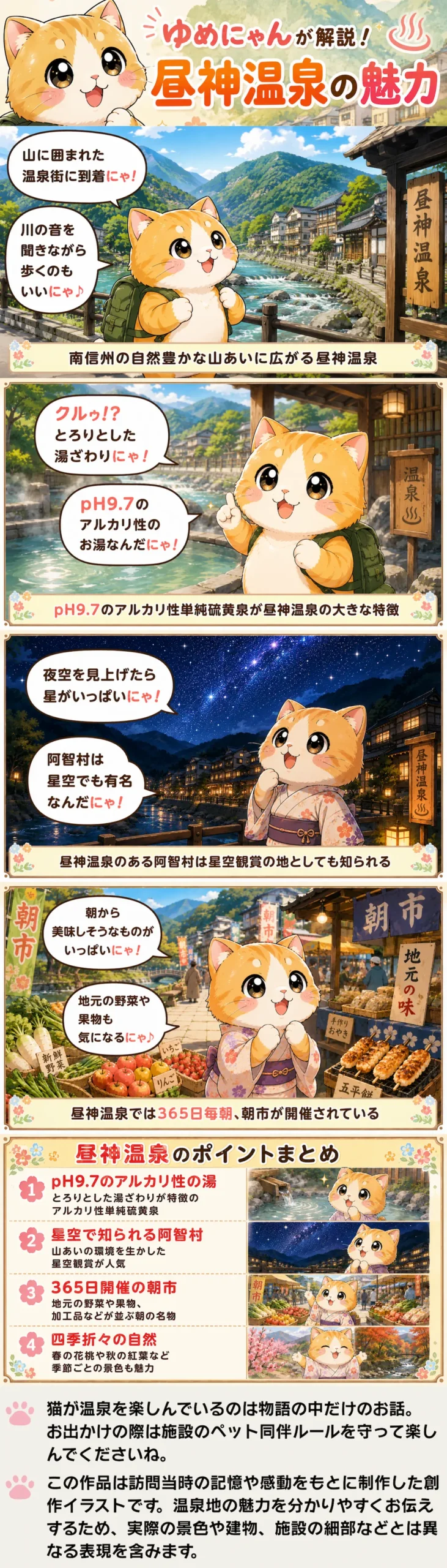 昼神温泉の魅力を詰め込んだ4コマ漫画。湯ざわりや星空、朝市などの特徴を猫のゆめにゃんが紹介。