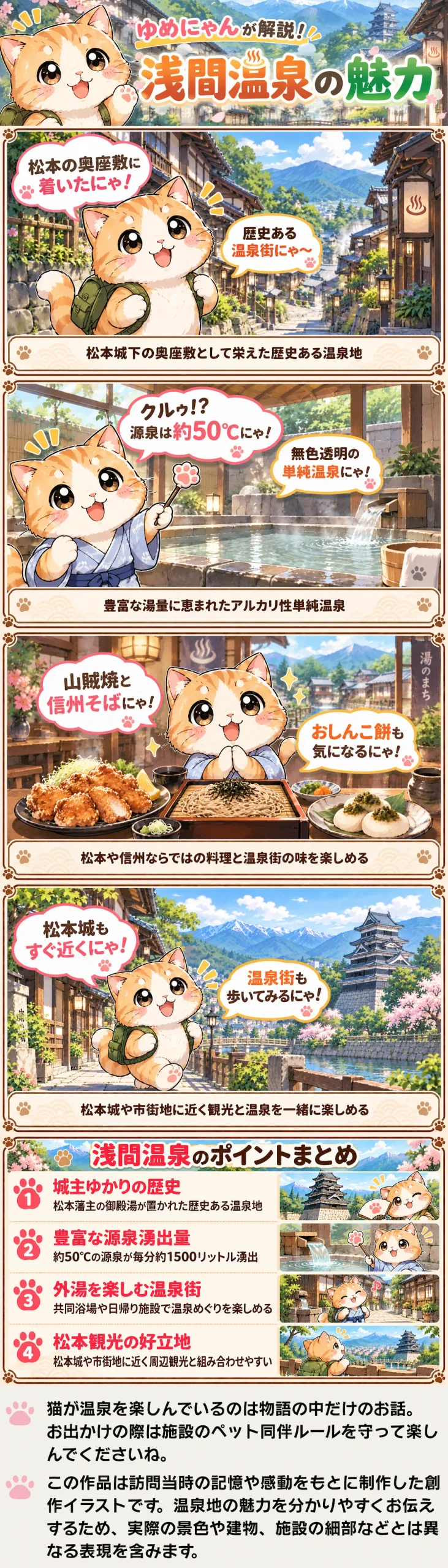 浅間温泉の魅力を詰め込んだ4コマ漫画。温泉や郷土料理、松本観光をゆめにゃんが紹介。