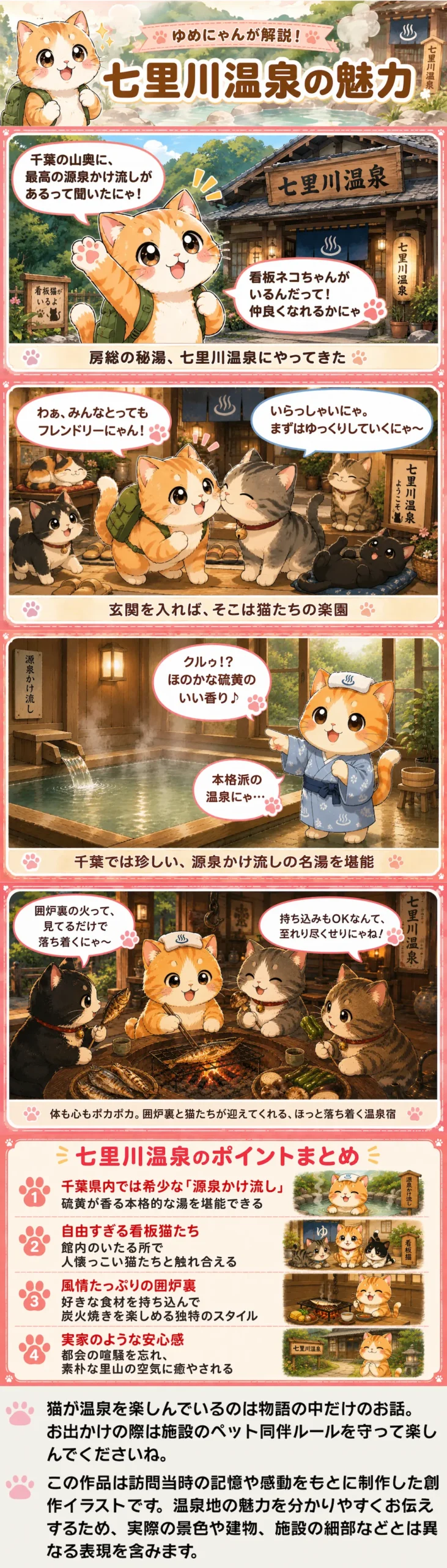 七里川温泉の魅力を伝える4コマ漫画。ゆめにゃんが看板猫や源泉かけ流しの名湯を紹介。
