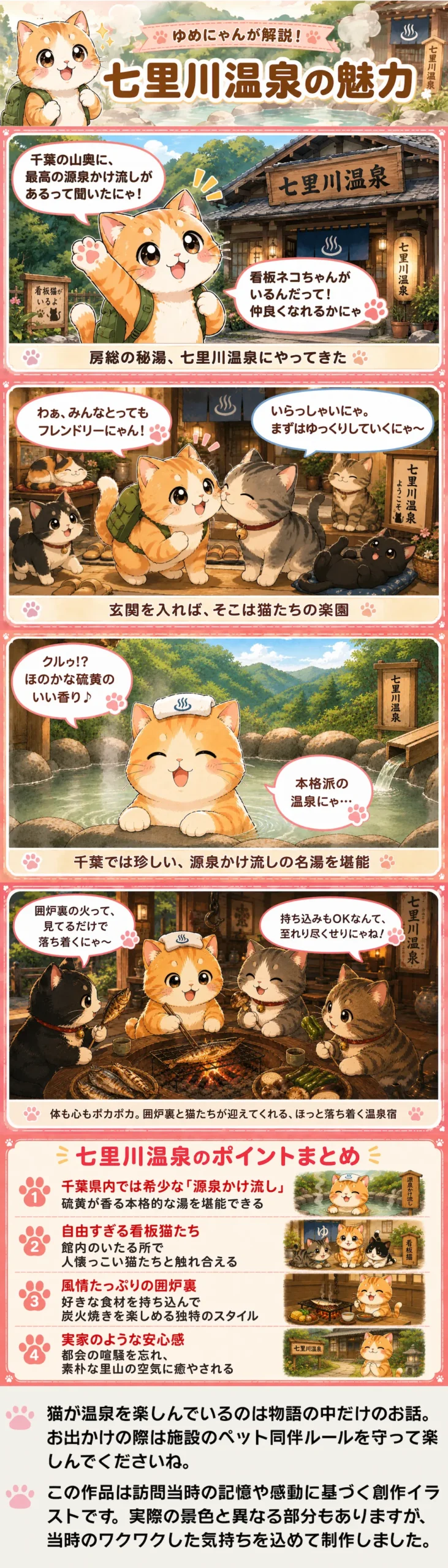 ゆめにゃんが七里川温泉の魅力を解説する4コマ漫画。