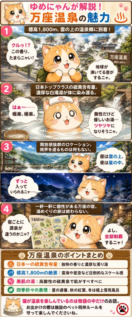 万座温泉の魅力を詰め込んだ4コマ漫画。