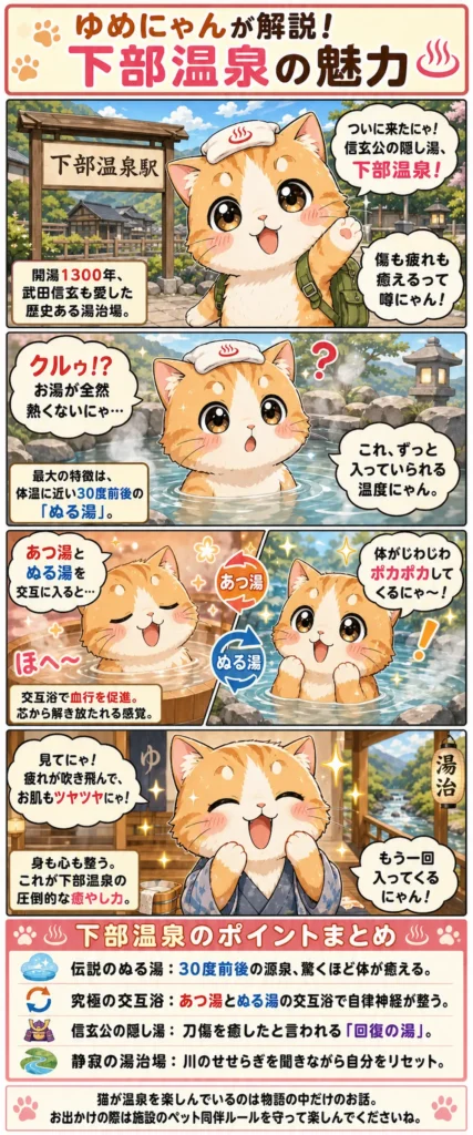 下部温泉の魅力を詰め込んだ4コマ漫画。