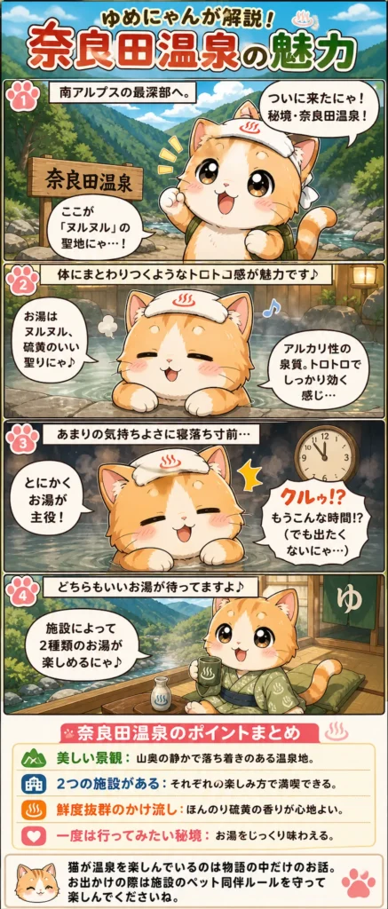 奈良田温泉の魅力を詰め込んだ4コマ漫画。