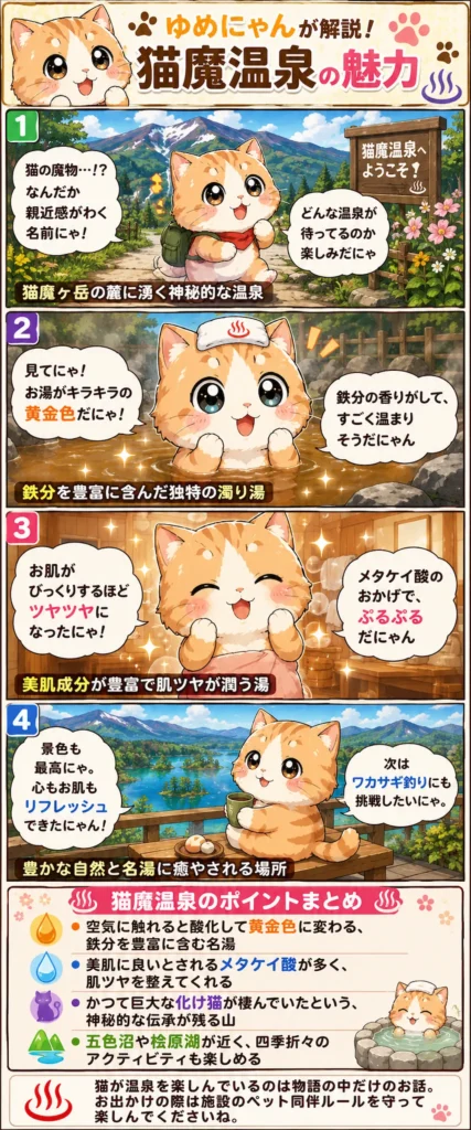 猫魔温泉の魅力を詰め込んだ4コマ漫画。黄金色の濁り湯でゆめにゃんの肌ツヤが良くなり、裏磐梯を満喫する内容。